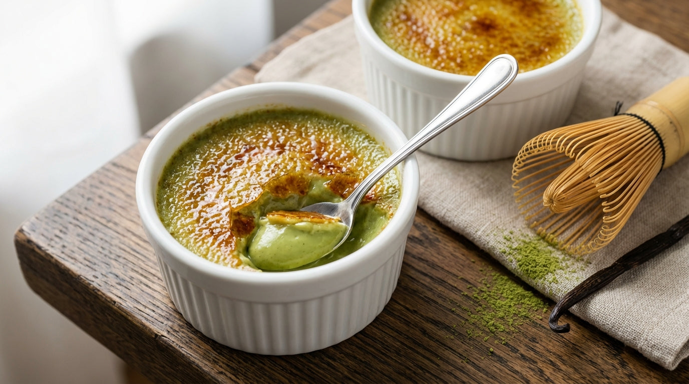 Here is a detailed image description designed to generate a high-quality, photorealistic blog header.

**Image Description for AI Generation:**

**Subject & Action:**
A stunning, high-angle close-up of two white ceramic ramekins filled with Matcha Crème B