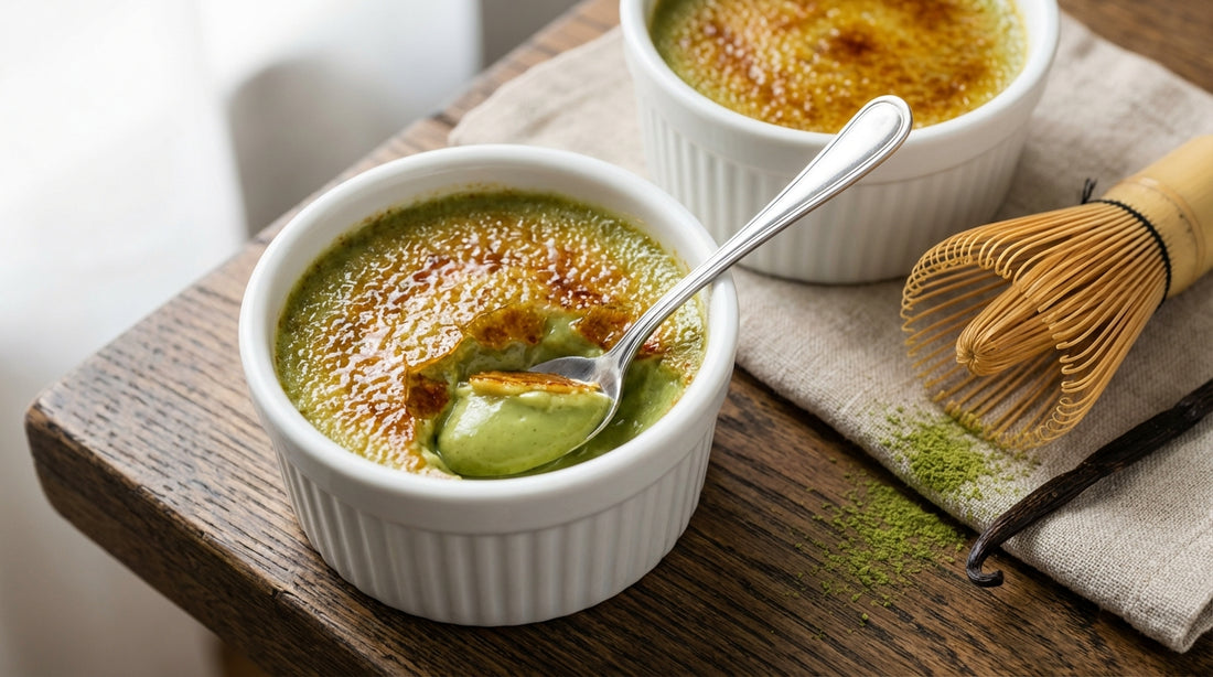 Here is a detailed image description designed to generate a high-quality, photorealistic blog header.

**Image Description for AI Generation:**

**Subject & Action:**
A stunning, high-angle close-up of two white ceramic ramekins filled with Matcha Crème B
