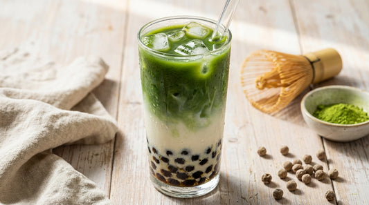 Here is a detailed image description designed to generate a high-quality, photorealistic blog header.

**Image Description for AI Generation:**

**Subject:**
A close-up, high-angle shot of a tall, clear glass filled with iced Matcha Bubble Tea. The drink 
