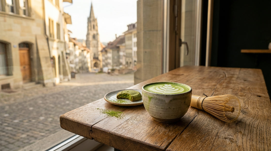 Here is a detailed image description designed for a high-quality, photorealistic AI generation (such as Midjourney, DALL-E 3, or Stable Diffusion).

### Image Concept
**Title:** "Green Break in the Old Town"
**Theme:** A fusion of modern coffee culture an