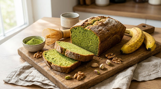 Here is a detailed image description designed to generate a high-quality, photorealistic blog header.

### Image Description for AI Generation

**Subject & Action:**
A close-up, high-angle shot of a freshly baked, rustic loaf of Matcha Banana Bread restin