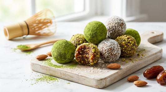 Here is a detailed image description designed to generate a high-quality, photorealistic featured image for your blog post.

**Image Description for AI Generation:**

**Subject & Focus:**
A close-up, appetizing arrangement of homemade Matcha Energy Balls 