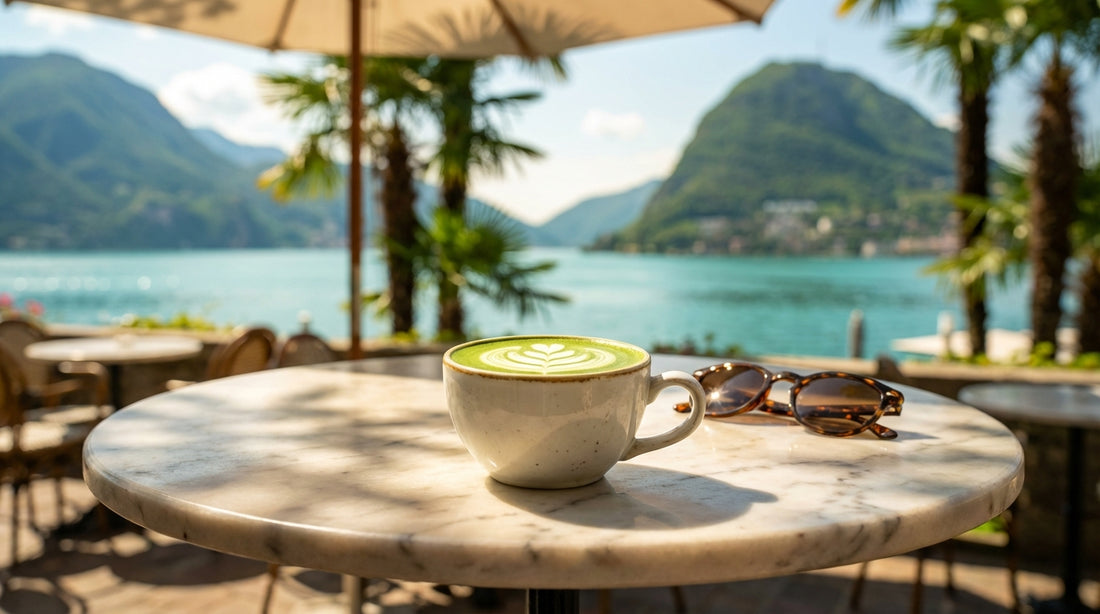 Here is a detailed image description designed for a high-quality AI image generator (like Midjourney, DALL-E 3, or Stable Diffusion).

### Image Concept: "The Lugano Matcha Moment"

**Visual Strategy:**
This image merges the vibrant, trendy aesthetic of m